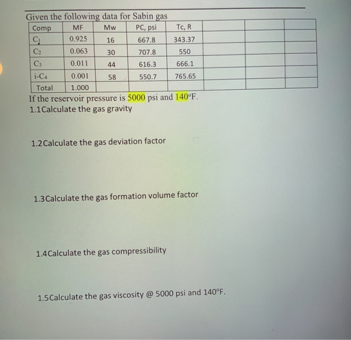 Solved Given the following data for Sabin gas Comp MF Mw PC,