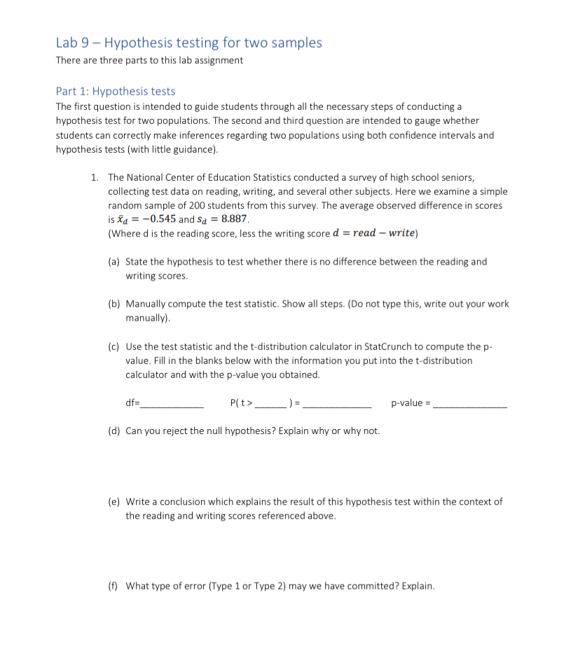 Lab 9 - ﻿Hypothesis testing for two samplesThere are | Chegg.com