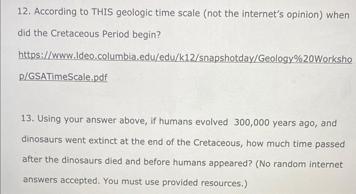 Solved 12. According to THIS geologic time scale (not the | Chegg.com