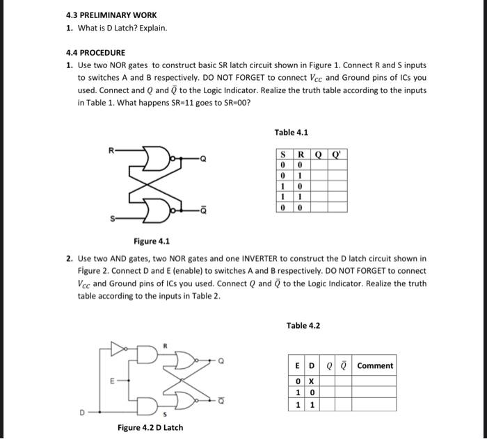 Solved 4.4 PROCEDURE 1. Use two NOR gates to construct basic | Chegg.com