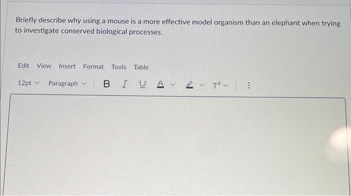 Briefly describe why using a mouse is a more effective model organism than an elephant when trying to investigate conserved b