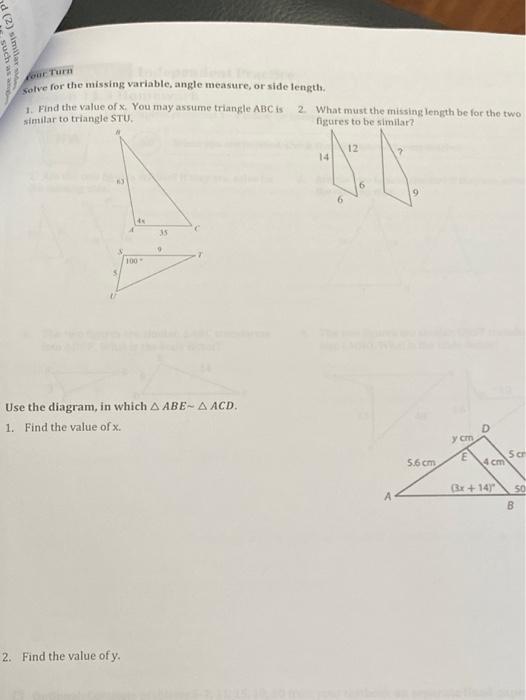 Solved such as (2) simili Turn solve for the missing | Chegg.com