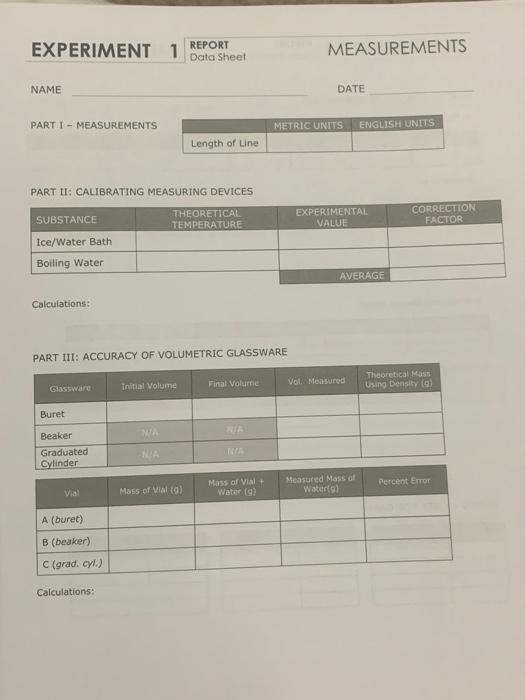EXPERIMENT 1 REPORT Data Sheet MEASUREMENTS NAME DATE | Chegg.com