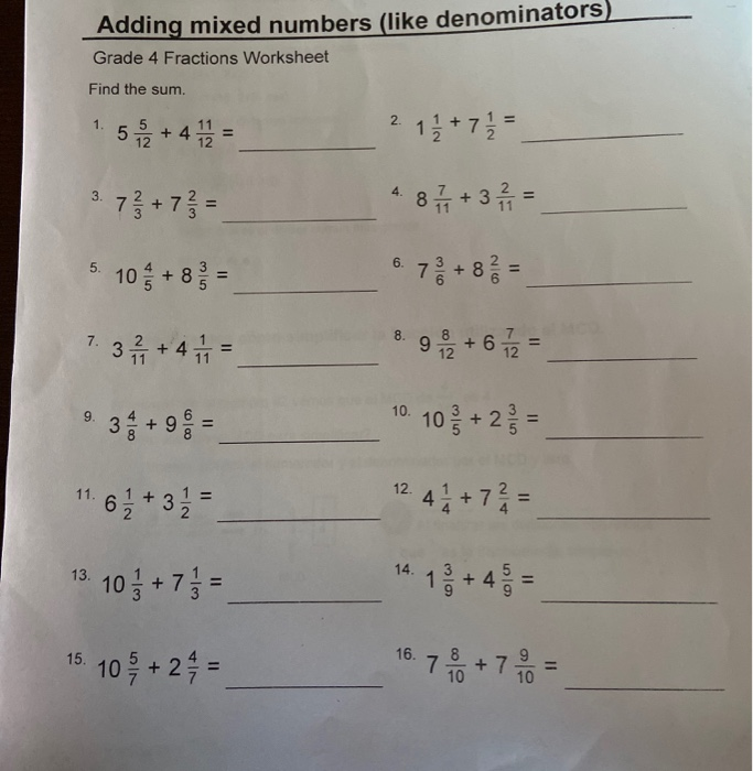 Solved Adding Mixed Numbers like Denominators Grade 4 Chegg