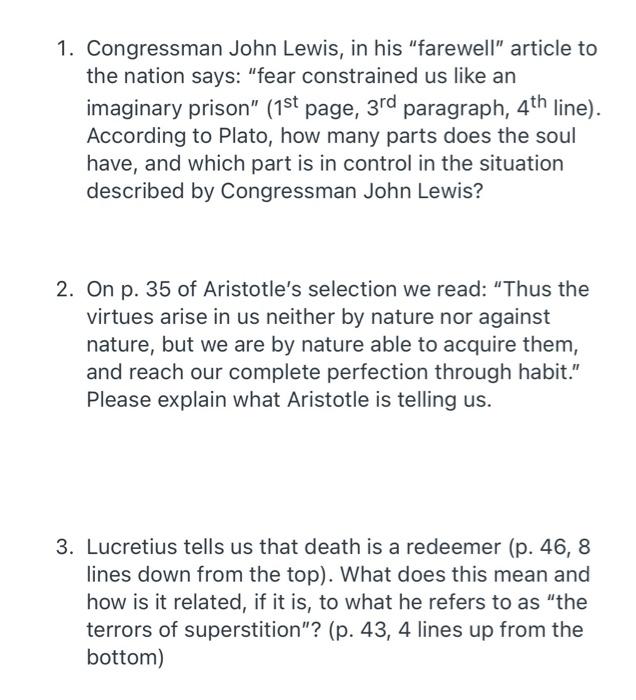 Solved 1. Congressman John Lewis, in his "farewell" article | Chegg.com