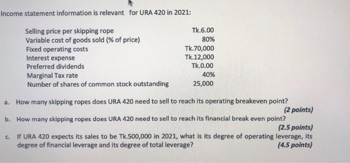 Solved Income statement information is relevant for URA 420 | Chegg.com