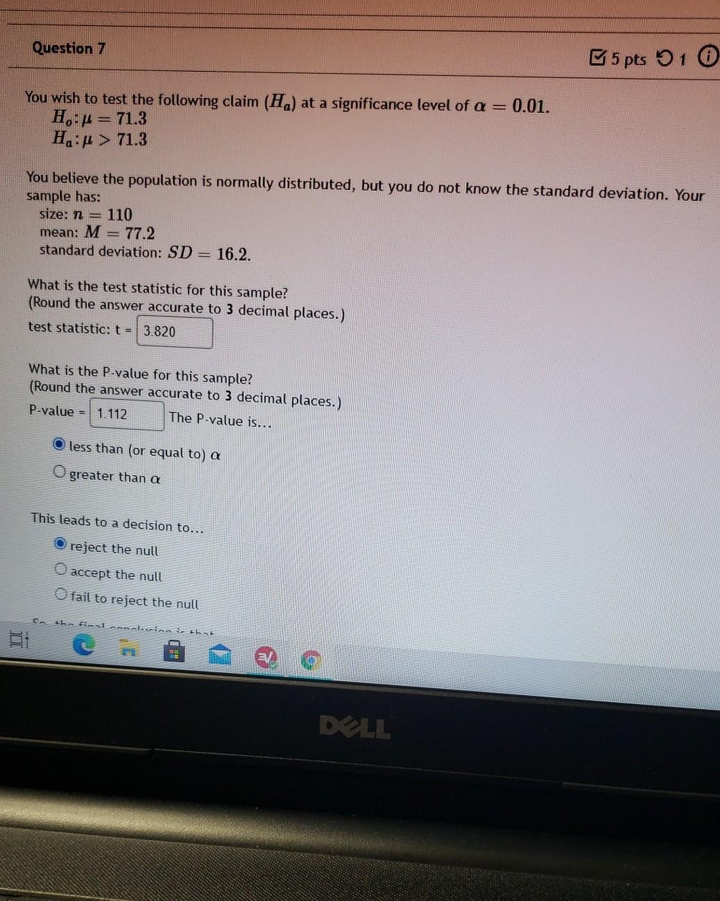 Solved Question 7 5 pts 51 You wish to test the following | Chegg.com