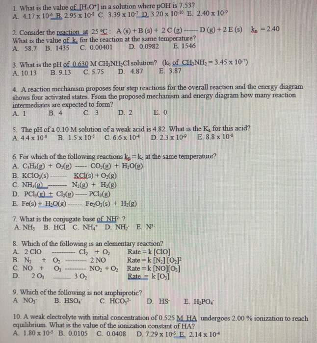 Solved 1 What Is The Value Of H O In A Solution Where Chegg Com