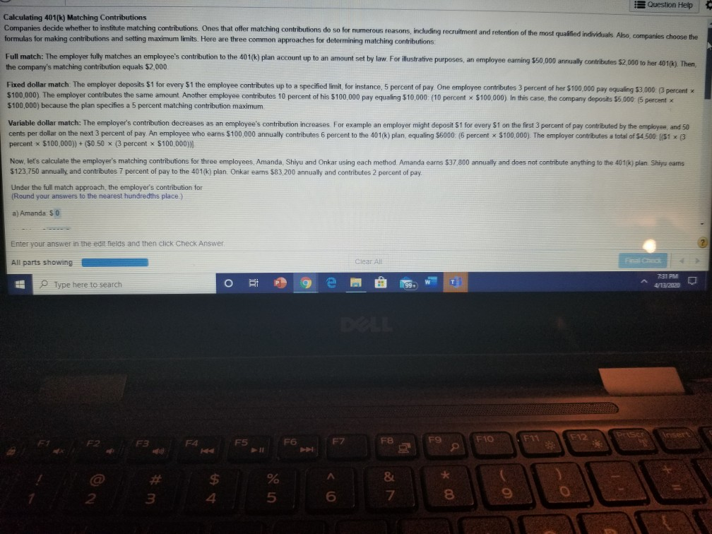 Uuestion Help Calculating 401(k) Matching | Chegg.com