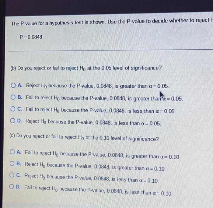 Solved The P-value for a hypothesis test is shown. Use the | Chegg.com