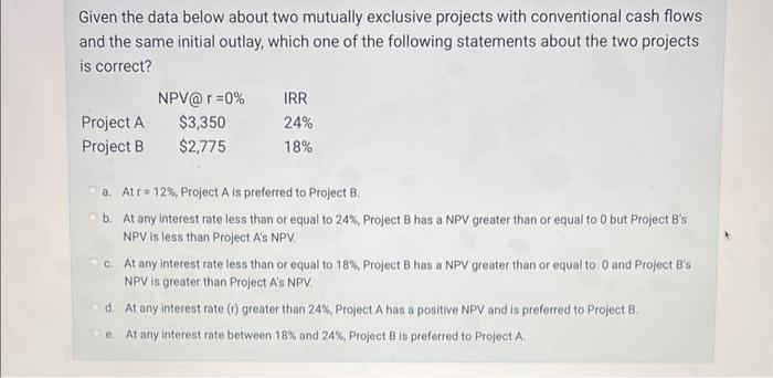 Solved Given the data below about two mutually exclusive | Chegg.com