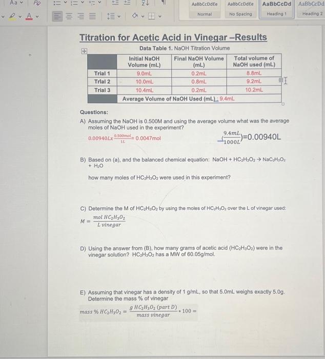 Solved Titration for Acetic Acid in Vinegar Results