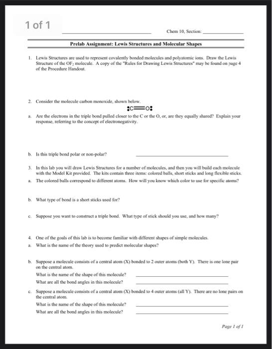 Solved 1 Of 1 Chem 10, Section Prelab Assignment: Lewis | Chegg.com