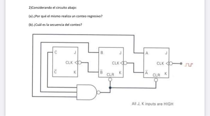 2) Considerando el circuito abajo: (a) ¿Por qué el mismo realiza un conteo regresivo? (b) ¿Cuál es la secuencia del conteo?