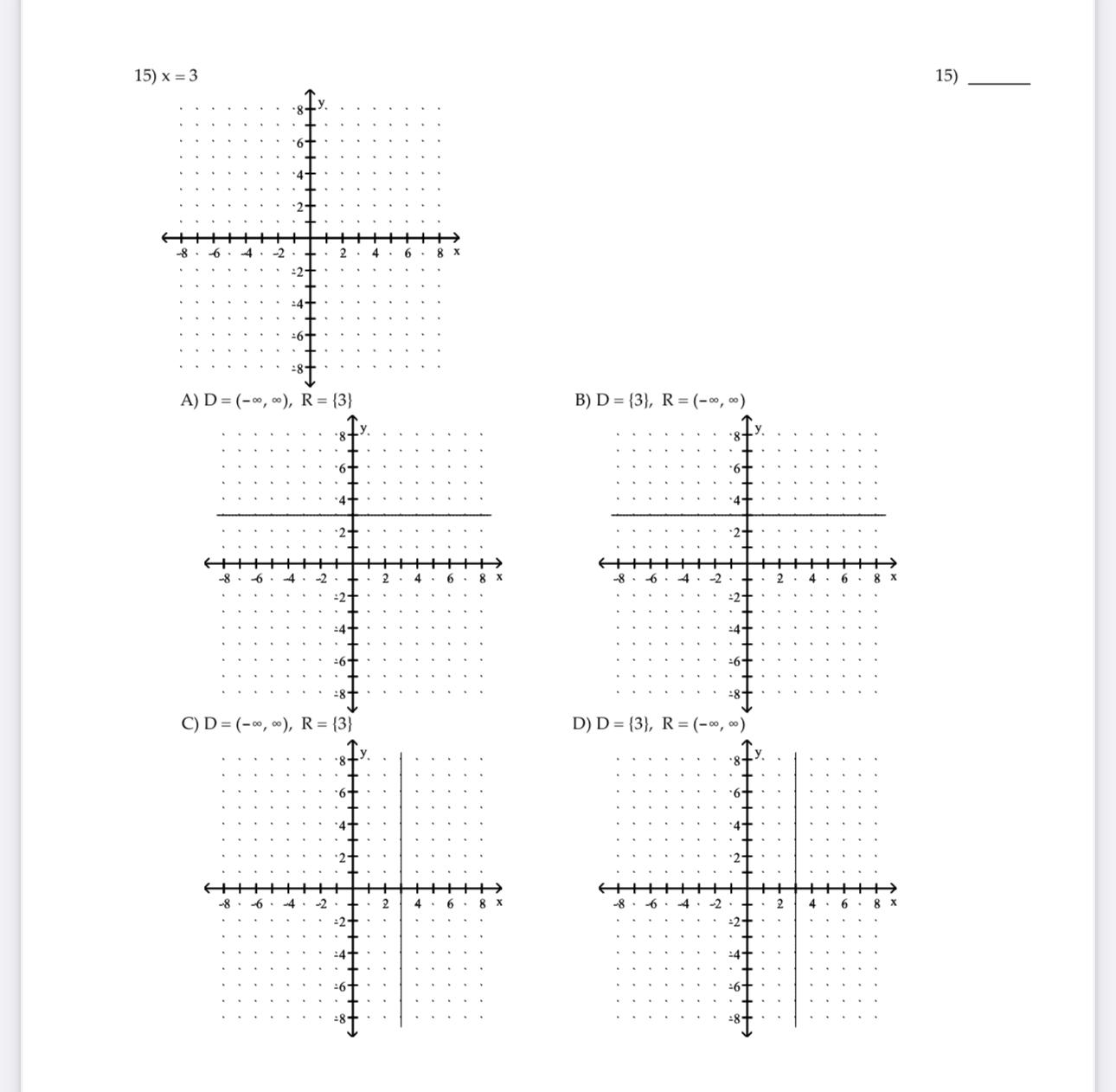 15-∼A) V=(-∞,∞),K={0}B) D={3},R=(-∞,∞)C) D=(-∞,∞),R={ | Chegg.com