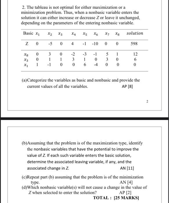 2. The tableau is not optimal for either maximization or a minimization problem. Thus, when a nonbasic variable enters the so