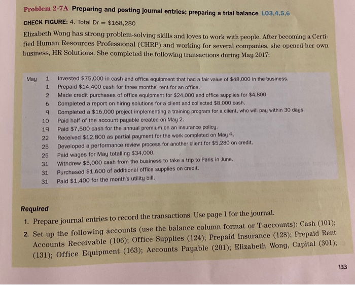 Solved Problem 2-7A Preparing and posting journal entries; | Chegg.com