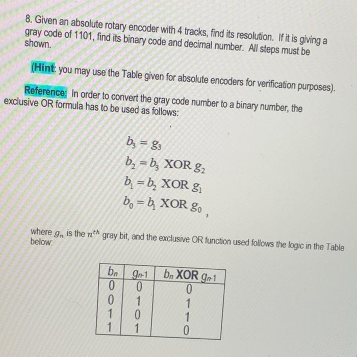 Solved 8. Given an absolute rotary encoder with 4 tracks, | Chegg.com