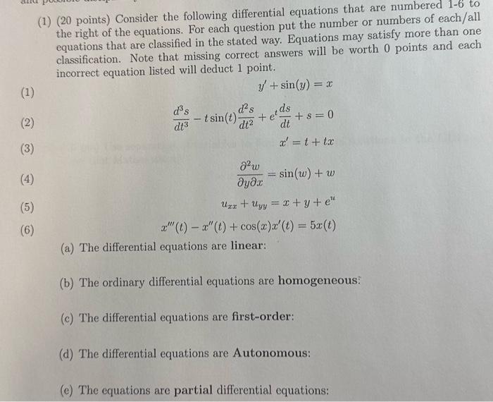 Solved (1) (20 points) Consider the following differential | Chegg.com