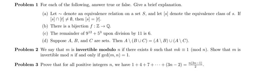 Solved Problem 1 For each of the following, answer true or | Chegg.com