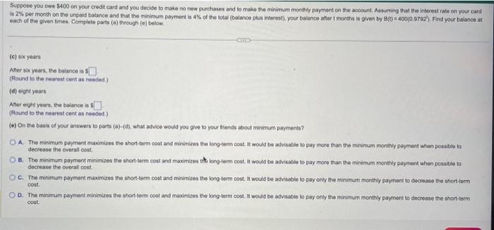 Solved Suppose you owe $400 on your credit card and you | Chegg.com