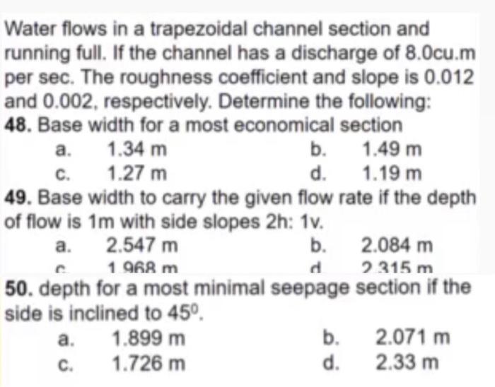 Solved Water flows in a trapezoidal channel section and | Chegg.com