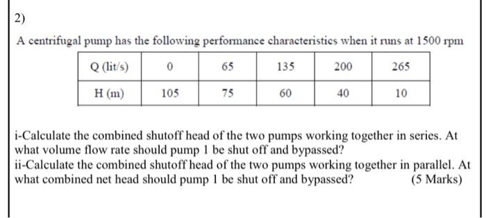 Solved 2) A centrifugal pump has the following performance | Chegg.com