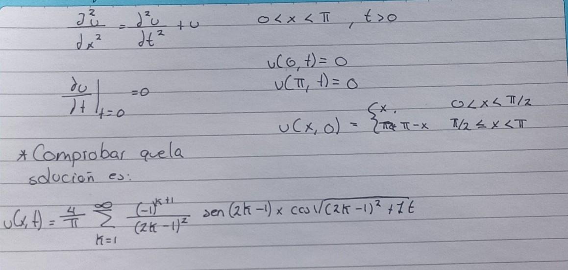 \[ \begin{array}{l} \frac{\partial^{2} u}{\partial x^{2}}=\frac{\partial^{2} u}{\partial t^{2}}+u \\ 0<x<\pi, t>0 \\ \left.\f