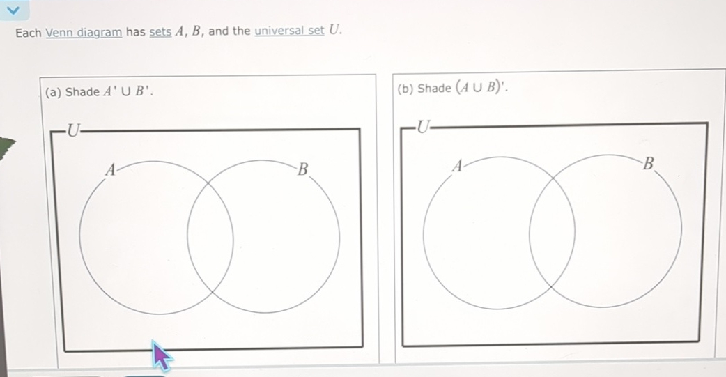 Solved Each Venn diagram has sets A,B, and the universal | Chegg.com