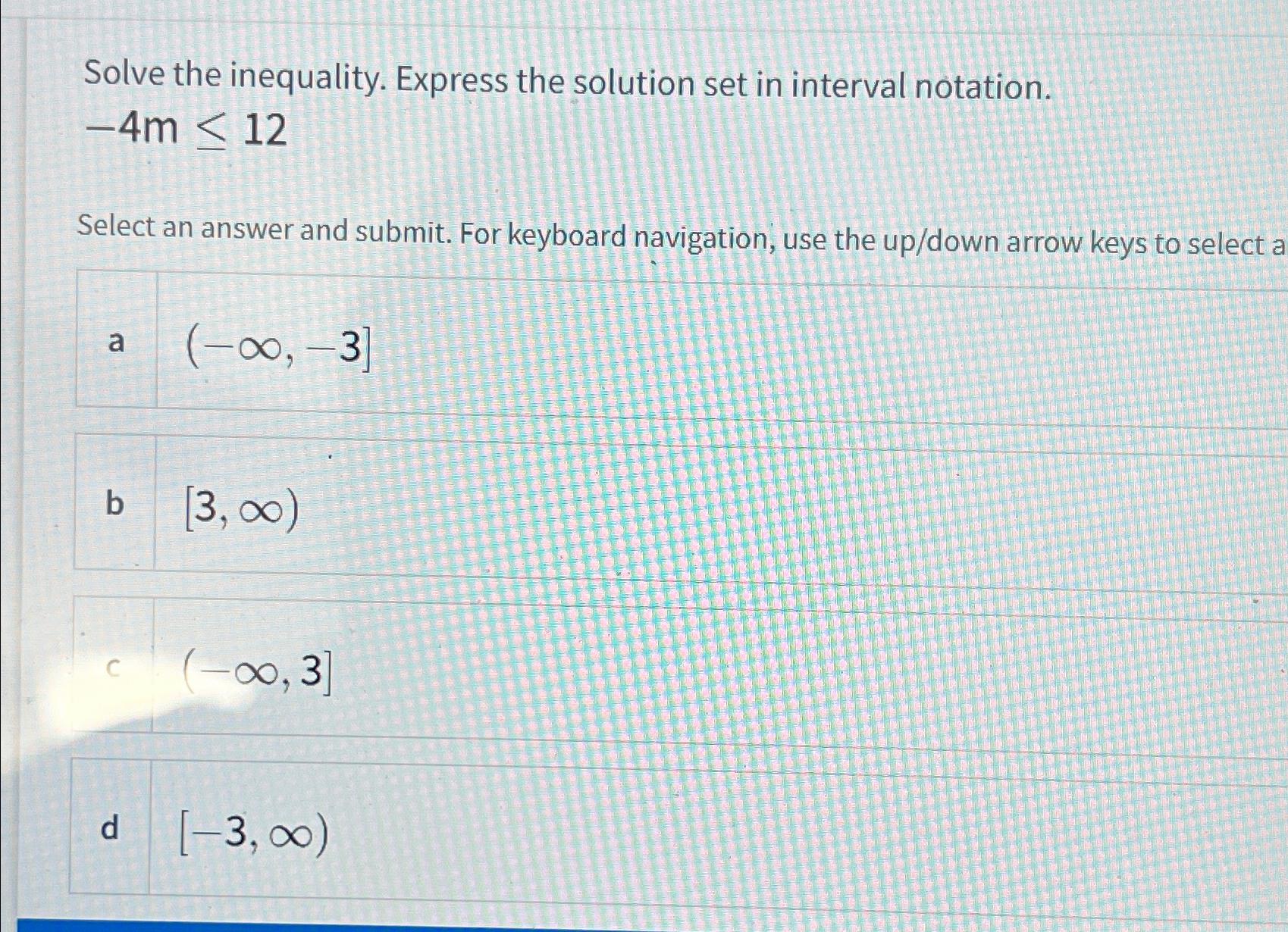 Solved Solve the inequality. Express the solution set in | Chegg.com