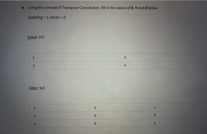 9. Using the concept of Transpose Convolution, fill in the values of \( X, Y \) and \( Z \) below. ( padding \( =1 \), stride