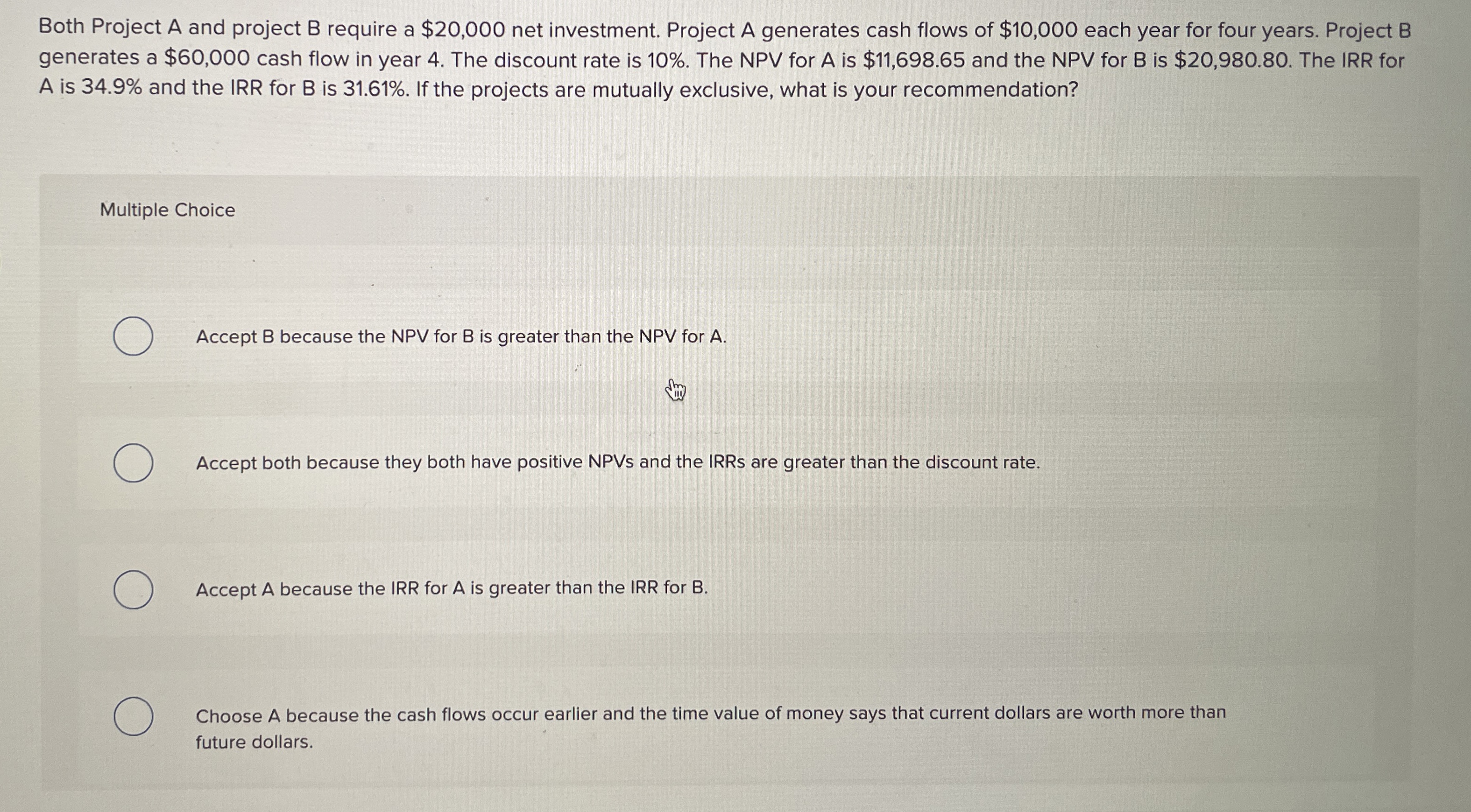 Solved Both Project A and project B ﻿require a $20,000 ﻿net | Chegg.com