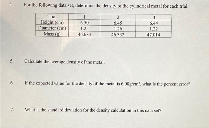 Solved 4. For the following data set, determine the density | Chegg.com