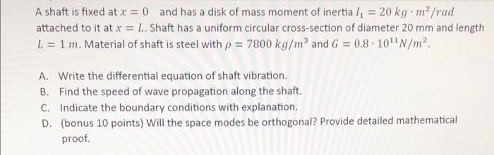 Solved A shaft is fixed at x=0 and has a disk of mass moment | Chegg.com