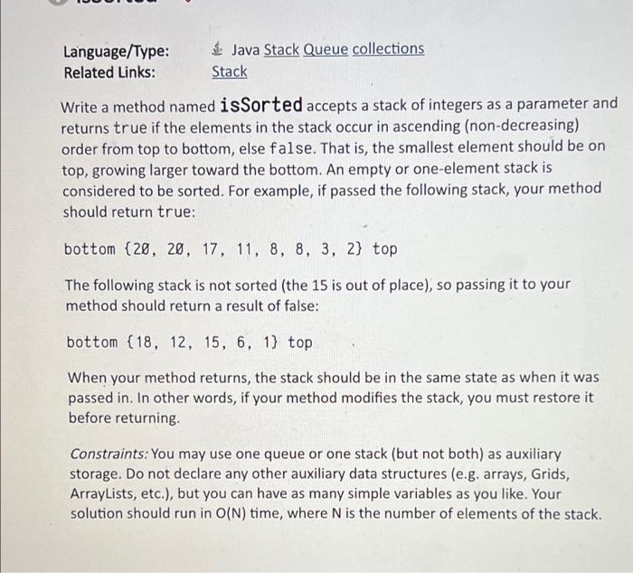 Solved Language/Type: Related Links: Java Stack Queue | Chegg.com
