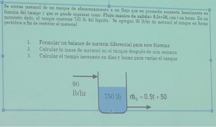 Se extrae metanol de un tanque de almacenamiento a un flnjo que en promedio aumenta lineahmente en itureion del tiempo y que