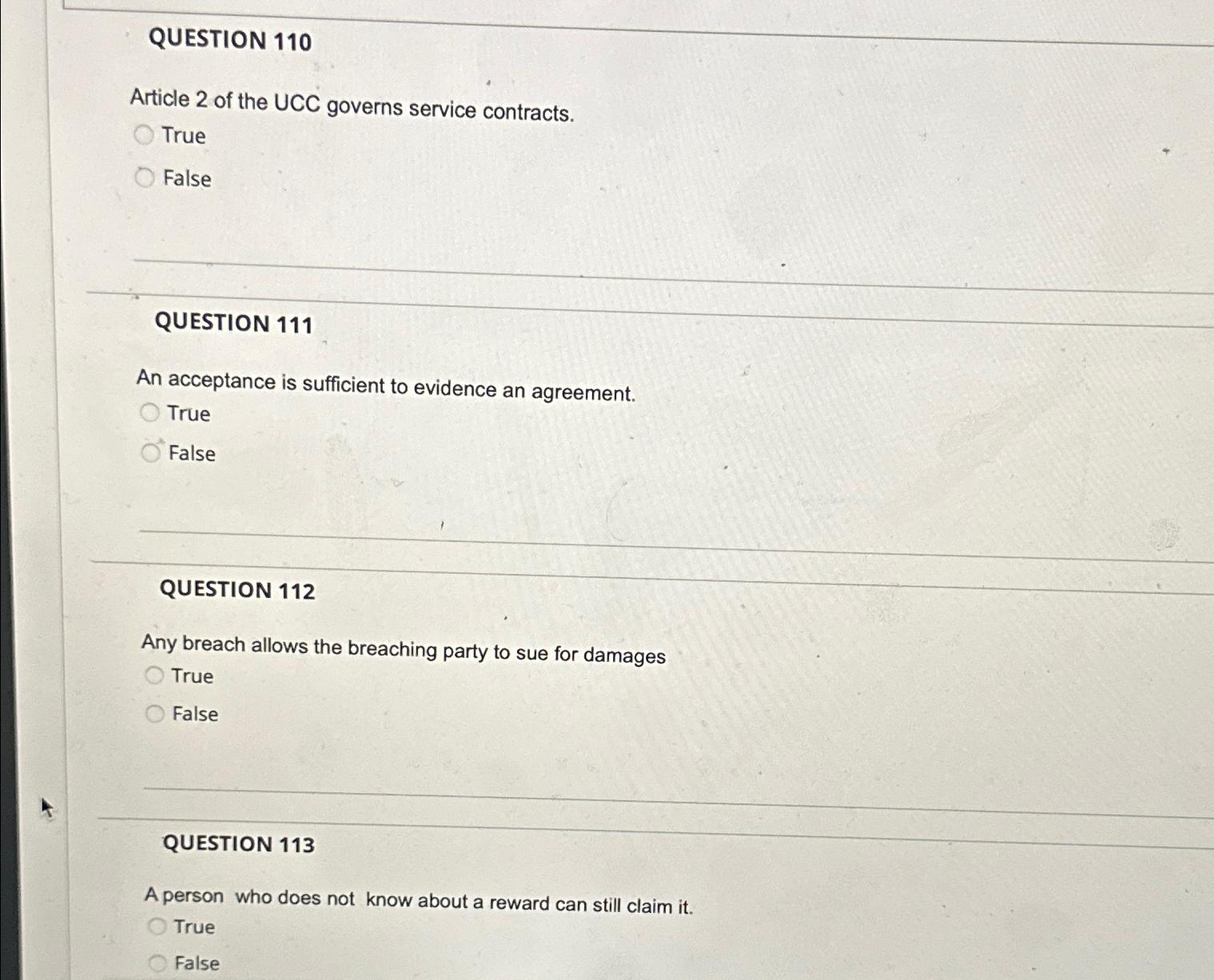 Solved QUESTION 110Article 2 ﻿of the UCC governs service | Chegg.com