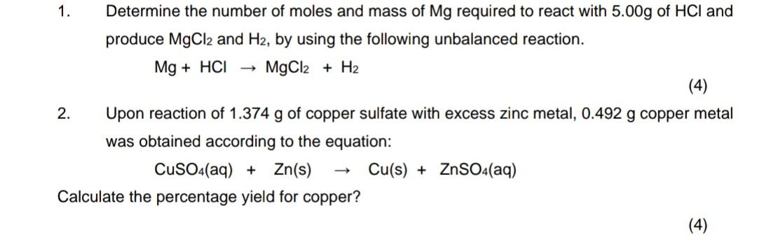 Solved 1. Determine the number of moles and mass of Mg | Chegg.com