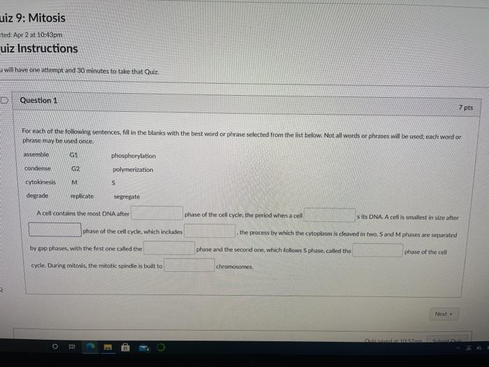 Solved uiz 9: Mitosis ted: Apr 2 at 10:43pm uiz Instructions | Chegg.com