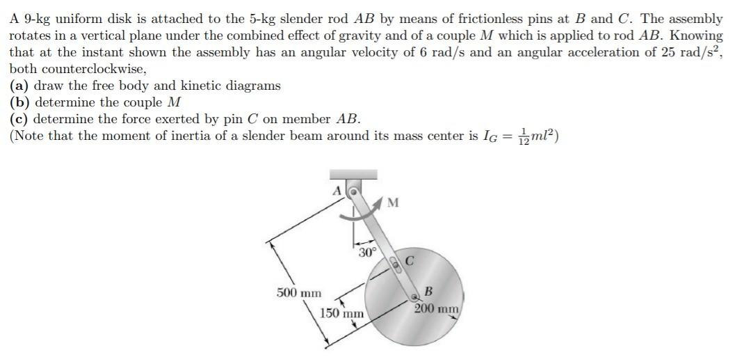 Solved A 9-kg uniform disk is attached to the 5-kg slender | Chegg.com