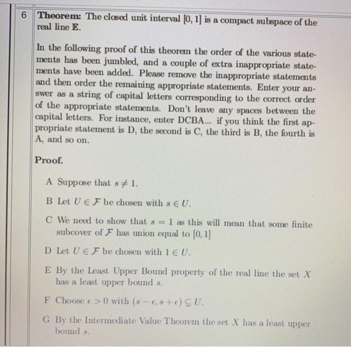 Solved 6 Theorem The closed unit interval 0 1 is a Chegg