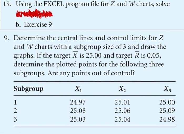 Solved 9. Using the EXCEL program file for Zˉ and W charts, | Chegg.com