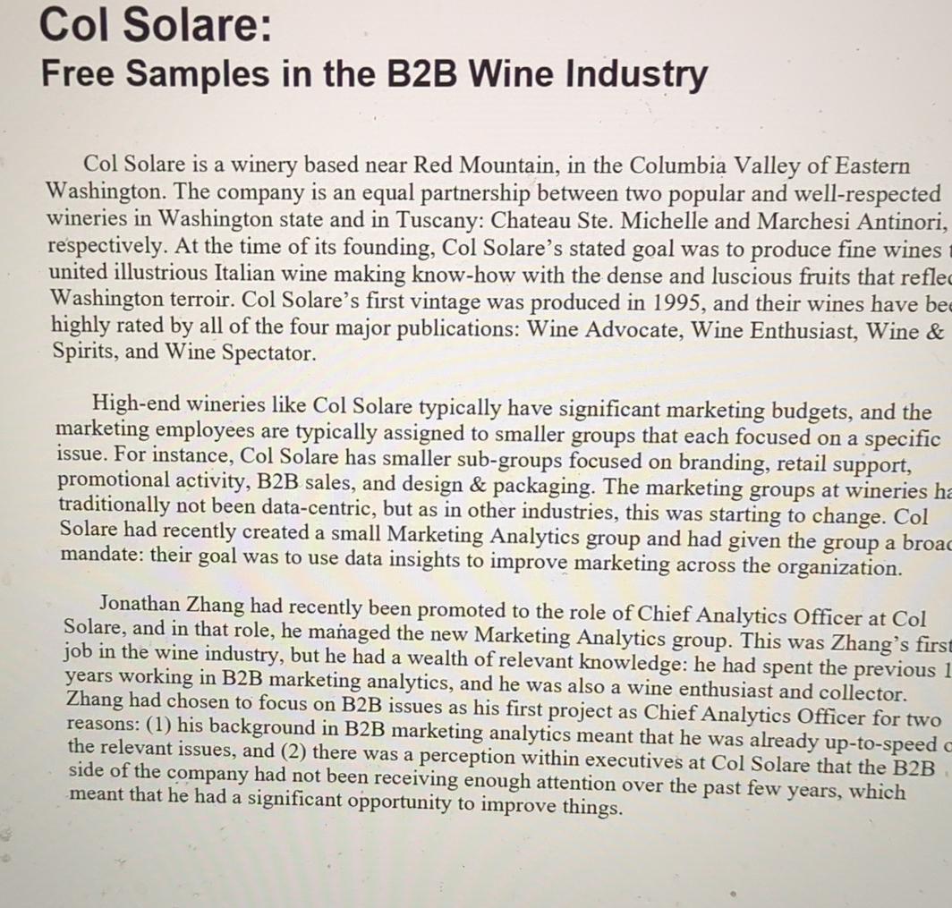 Solved Col Solare:Free Samples in the B2B Wine IndustryCol | Chegg.com