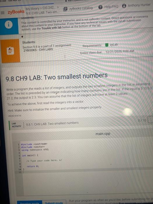 Solved zyBooks My library > CIS 242 > zyBooks catalog | Chegg.com