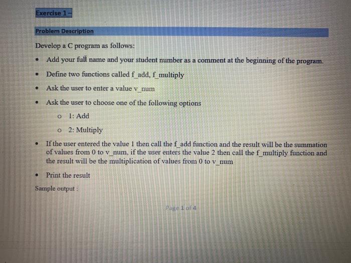 Solved Exercise 1 Problem Description Develop a C program as | Chegg.com