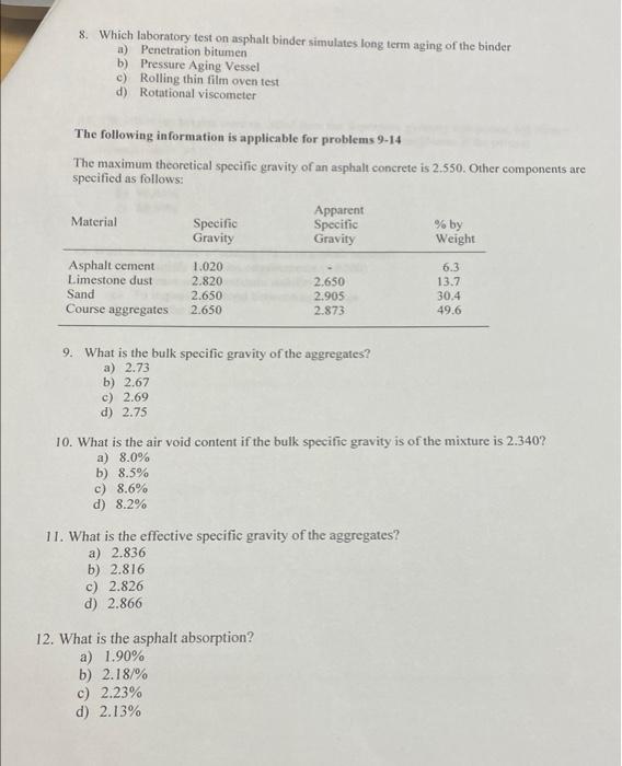 Solved 8. Which laboratory test on asphalt binder simulates | Chegg.com