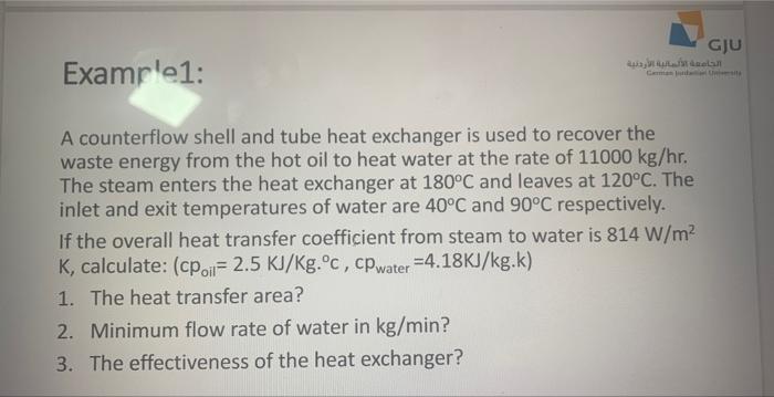 A counterflow shell and tube heat exchanger is used to recover the waste energy from the hot oil to heat water at the rate of