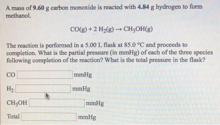 Solved A mass of 9.60 g carbon monoxide is reacted with 4.84 | Chegg.com