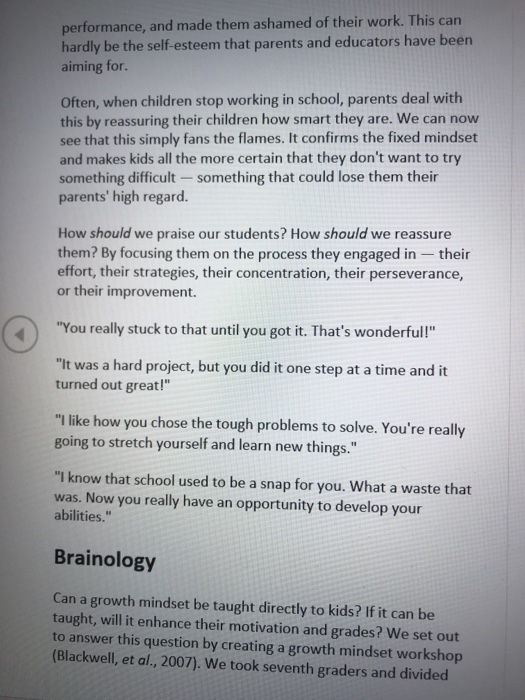 Solved Practice Paragraph 1: In “Brainology,” Carol Dweck | Chegg.com