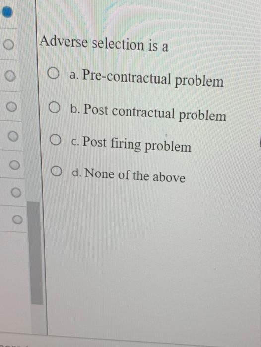 Solved Adverse selection is a O a. Pre-contractual problem O | Chegg.com